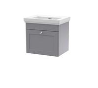 Nuie Classique Wall Hung 1 Drawer Vanity Unit Without Tap Hole Fireclay Basin, Contemporary Sink Vanity Unit In Satin Grey With