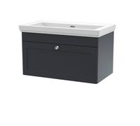 Nuie Classique Wall Hung 1 Drawer Vanity Unit Without Tap Hole Fireclay Basin, Stylish Sink Vanity Unit In Soft Black