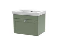 Nuie Classique Wall Hung 1 Drawer Vanity Unit Without Tap Hole Fireclay Basin, Stylish Sink Vanity Unit In Satin Green With White