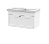 Nuie Classique Wall Hung 1 Drawer Vanity Unit Without Tap Hole Fireclay Basin, Stylish Sink Vanity Unit In Satin White With White