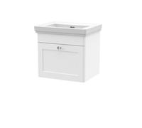 Nuie Classique Wall Hung 1 Drawer Vanity Unit Without Tap Hole Fireclay Basin, Stylish Sink Vanity Unit In Satin White
