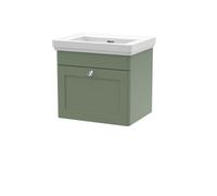 Nuie Classique Wall Hung 1 Drawer Vanity Unit Without Tap Hole Fireclay Basin, Stylish Sink Vanity Unit In Satin Green With White