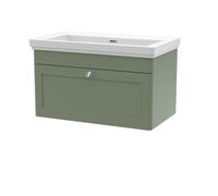 Nuie Classique Wall Hung 1 Drawer Vanity Unit Without Tap Hole Fireclay Basin, Stylish Sink Vanity Unit In Satin Green With White