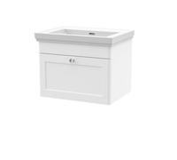 Nuie Classique Wall Hung 1 Drawer Vanity Unit Without Tap Hole Fireclay Basin, Stylish Sink Vanity Unit In Satin White