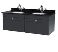 Nuie Classique Wall Hung 2 Drawer Unit & 1 Tap Hole Black Marble Top With Oval Basin, Sink Vanity Unit In Soft Black With White