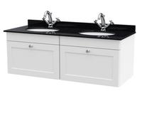 Nuie Classique Wall Hung 2 Drawer Unit & 1 Tap Hole Black Marble Top With Oval Basin, Sink Vanity Unit In Satin White With White