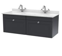 Nuie Classique Wall Hung 2 Drawer Unit & 1 Tap Hole White Marble Top With Oval Basin, Sink Vanity Unit In Soft Black With White
