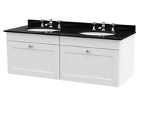 Nuie Classique Wall Hung 2 Drawer Unit & 3 Tap Hole Black Marble Top With Oval Basin, Sink Vanity Unit In Satin White With White