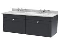 Nuie Classique Wall Hung 2 Drawer Unit & 3 Tap Hole Grey Marble Top With Oval Basin, Sink Vanity Unit In Soft Black With White