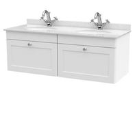 Nuie Classique Wall Hung 2 Drawer Vanity Unit & 1 Tap Hole White Marble Top With Oval Basin, Stylish Sink Vanity Unit In Satin