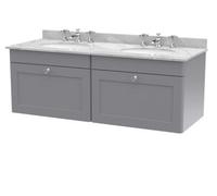 Nuie Classique Wall Hung 2 Drawer Vanity Unit & 3 Tap Hole Grey Marble Top With Oval Basin, Contemporary Sink Vanity Unit In