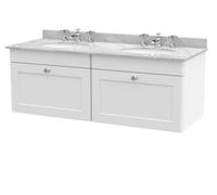 Nuie Classique Wall Hung 2 Drawer Vanity Unit & 3 Tap Hole Grey Marble Top With Oval Basin, Stylish Sink Vanity Unit In Satin