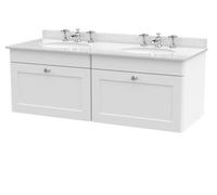 Nuie Classique Wall Hung 2 Drawer Vanity Unit & 3 Tap Hole White Marble Top With Oval Basin, Stylish Sink Vanity Unit In Satin