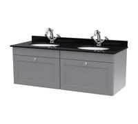 Nuie Classique Wall Hung 2 Drawer Vanity Unit with Black Marble Countertop and 2 Round Basins with 2 Tap Holes | Satin Grey | MDF | 1200mm