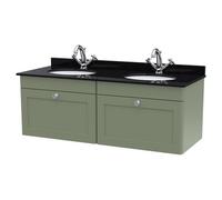 Nuie Classique Wall Hung 2 Drawer Vanity Unit with Black Marble Countertop and 2 Round Basins with 2 Tap Holes | Satin Green | MDF | 1200mm