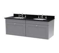 Nuie Classique Wall Hung 2 Drawer Vanity Unit with Black Marble Countertop and 2 Round Basins with 6 Tap Holes | Satin Grey | MDF | 1200mm