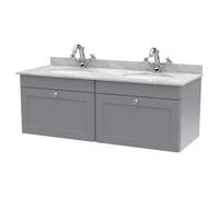 Nuie Classique Wall Hung 2 Drawer Vanity Unit with Grey Marble Countertop and 2 Round Basins with 2 Tap Holes | Satin Grey | MDF | 1200mm