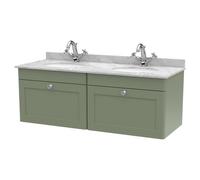 Nuie Classique Wall Hung 2 Drawer Vanity Unit with Grey Marble Countertop and 2 Round Basins with 2 Tap Holes | Satin Green | MDF | 1200mm