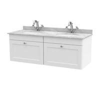Nuie Classique Wall Hung 2 Drawer Vanity Unit with Grey Marble Countertop and 2 Round Basins with 2 Tap Holes | Satin White | MDF | 1200mm