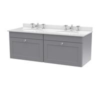 Nuie Classique Wall Hung 2 Drawer Vanity Unit with White Marble Countertop and 2 Round Basins with 6 Tap Holes | Satin Grey | MDF | 1200mm