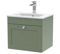 Nuie Classique Wall Hung Single Drawer Vanity Unit and 18mm Profile Basin | Satin Green | MDF | 500mm