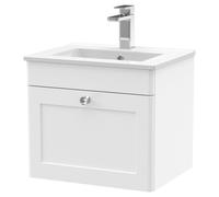 Nuie Classique Wall Hung Single Drawer Vanity Unit and 18mm Profile Basin | Satin White | MDF | 500mm