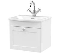 Nuie Classique Wall Hung Single Drawer Vanity Unit and 30mm Profile Curved Basin | Satin White | MDF | 500mm