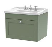 Nuie Classique Wall Hung Single Drawer Vanity Unit and 35mm Profile Basin | Satin Green | MDF | 600mm