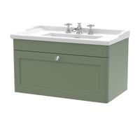Nuie Classique Wall Hung Single Drawer Vanity Unit and 35mm Profile Basin | Satin Green | MDF | 800mm