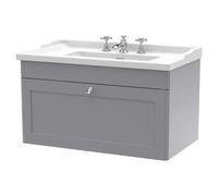 Nuie Classique Wall Hung Single Drawer Vanity Unit and 35mm Profile Basin | Satin Grey | MDF | 800mm