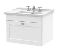 Nuie Classique Wall Hung Single Drawer Vanity Unit and 35mm Profile Basin | Satin White | MDF | 600mm