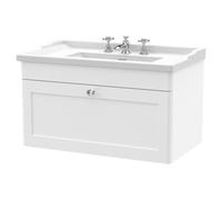 Nuie Classique Wall Hung Single Drawer Vanity Unit and 35mm Profile Basin | Satin White | MDF | 800mm