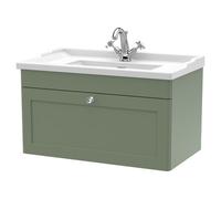 Nuie Classique Wall Hung Single Drawer Vanity Unit and 35mm Profile Traditional Basin | Satin Green | MDF | 800mm