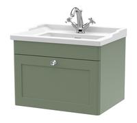 Nuie Classique Wall Hung Single Drawer Vanity Unit and 35mm Profile Traditional Basin | Satin Green | MDF | 600mm