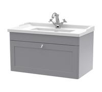 Nuie Classique Wall Hung Single Drawer Vanity Unit and 35mm Profile Traditional Basin | Satin Grey | MDF | 800mm