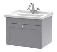 Nuie Classique Wall Hung Single Drawer Vanity Unit and 35mm Profile Traditional Basin | Satin Grey | MDF | 600mm
