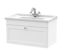 Nuie Classique Wall Hung Single Drawer Vanity Unit and 35mm Profile Traditional Basin | Satin White | MDF | 800mm