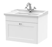 Nuie Classique Wall Hung Single Drawer Vanity Unit and 35mm Profile Traditional Basin | Satin White | MDF | 600mm