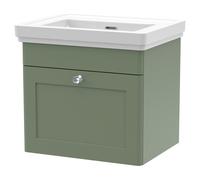 Nuie Classique Wall Hung Single Drawer Vanity Unit and 66mm Profile Basin | Satin Green | MFC | 500mm