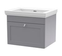 Nuie Classique Wall Hung Single Drawer Vanity Unit and 66mm Profile Basin | Satin Grey | MDF | 600mm