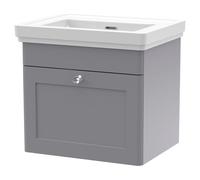 Nuie Classique Wall Hung Single Drawer Vanity Unit and 66mm Profile Basin | Satin Grey | MFC | 500mm