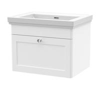 Nuie Classique Wall Hung Single Drawer Vanity Unit and 66mm Profile Basin | Satin White | MDF | 600mm