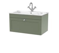 Nuie Classique Wall Hung Single Drawer Vanity Unit and Carrera Marble Stone Basin | Satin Green | MFC | 800mm