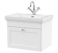 nuie CLC194A Classique Traditional Bathroom Wall Hung 1 Drawer Vanity Unit with 1 Tap Hole Fireclay Basin, 600mm, Satin White