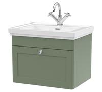 Nuie Classique Wall Hung Single Drawer Vanity Unit and Classic Fireclay Basin with 1 Tap Hole | Satin Green | MDF | 600mm