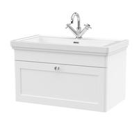 Nuie Classique Wall Hung Single Drawer Vanity Unit and Classic Fireclay Basin with 1 Tap Hole | Satin White | MDF | 800mm