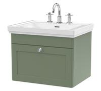 Nuie Classique Wall Hung Single Drawer Vanity Unit and Classic Fireclay Basin with 3 Tap Holes | Satin Green | MDF | 600mm