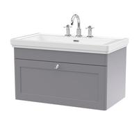 Nuie Classique Wall Hung Single Drawer Vanity Unit and Classic Fireclay Basin with 3 Tap Holes | Satin Grey | MDF | 800mm