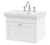 Nuie Classique Wall Hung Single Drawer Vanity Unit and Classic Fireclay Basin with 3 Tap Holes | Satin White | MDF | 600mm