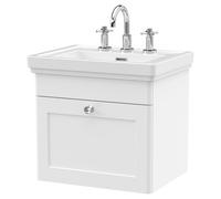 Nuie Classique Wall Hung Single Drawer Vanity Unit and Classic Fireclay Basin with 3 Tap Holes | Satin White | MDF | 500mm